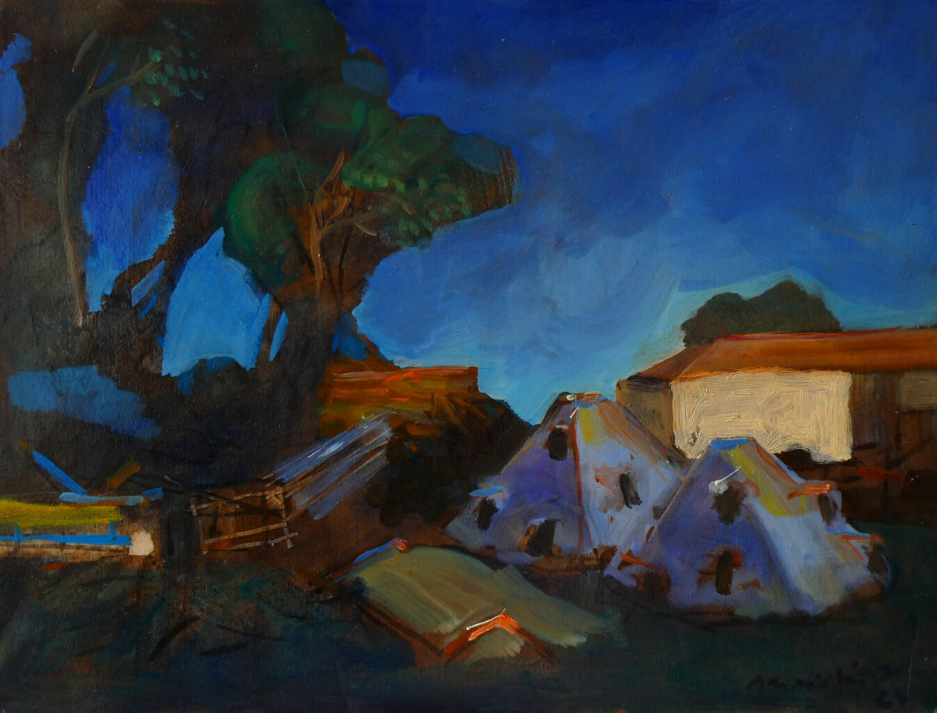 Painting by Bertrand de Miollis, farm buildings at night under a deep blue sky with a tall tree silhouette