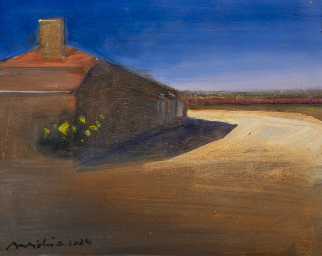 Peinture à l'huile de Bertrand de Miollis représentant l'angle d'une maison au toit de tuiles rouges projetant son ombre sur un chemin de terre, sous un ciel bleu profond