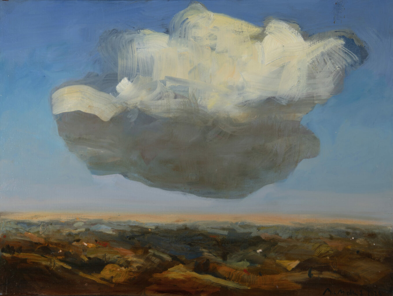 Oil painting by Bertrand de Miollis of a massive, sculptural cloud suspended over an ochre and brown earthy landscape, under a clear blue sky