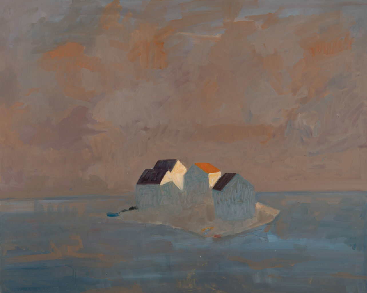 Painting by Bertrand de Miollis, island houses under a fading orange and purple sky, evoking a cinema's last screening