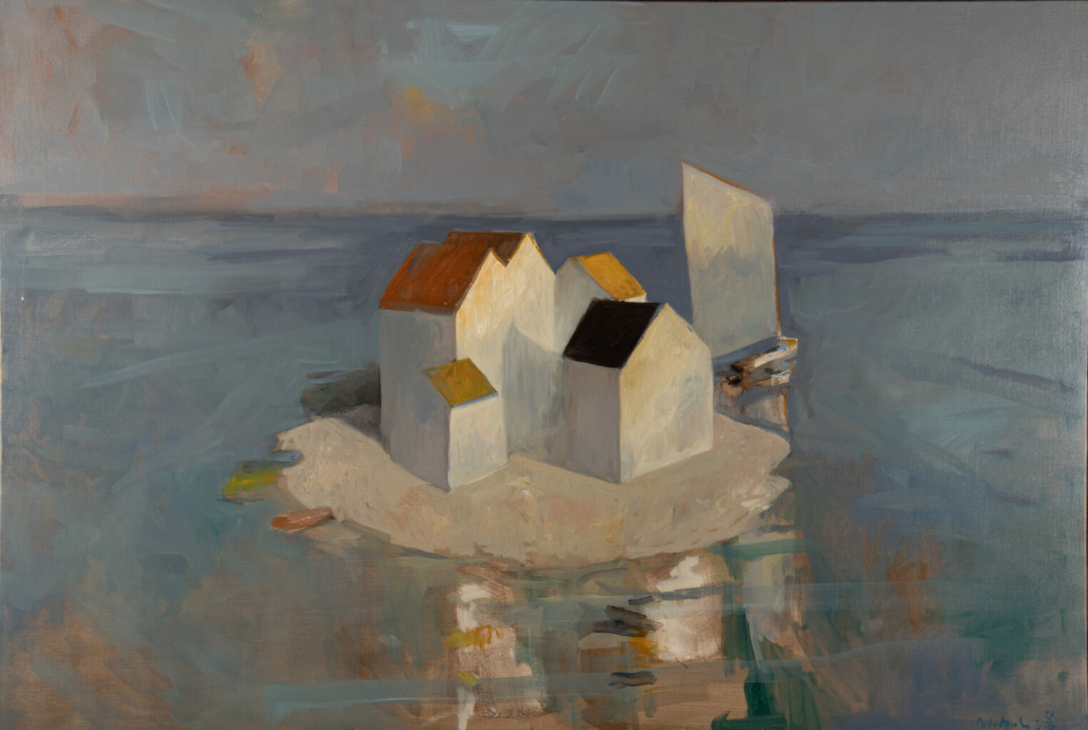 Peinture à l'huile de Bertrand de Miollis représentant un groupe de maisons blanches aux toits colorés serrées les unes contre les autres sur un îlot, avec un voilier à leurs côtés