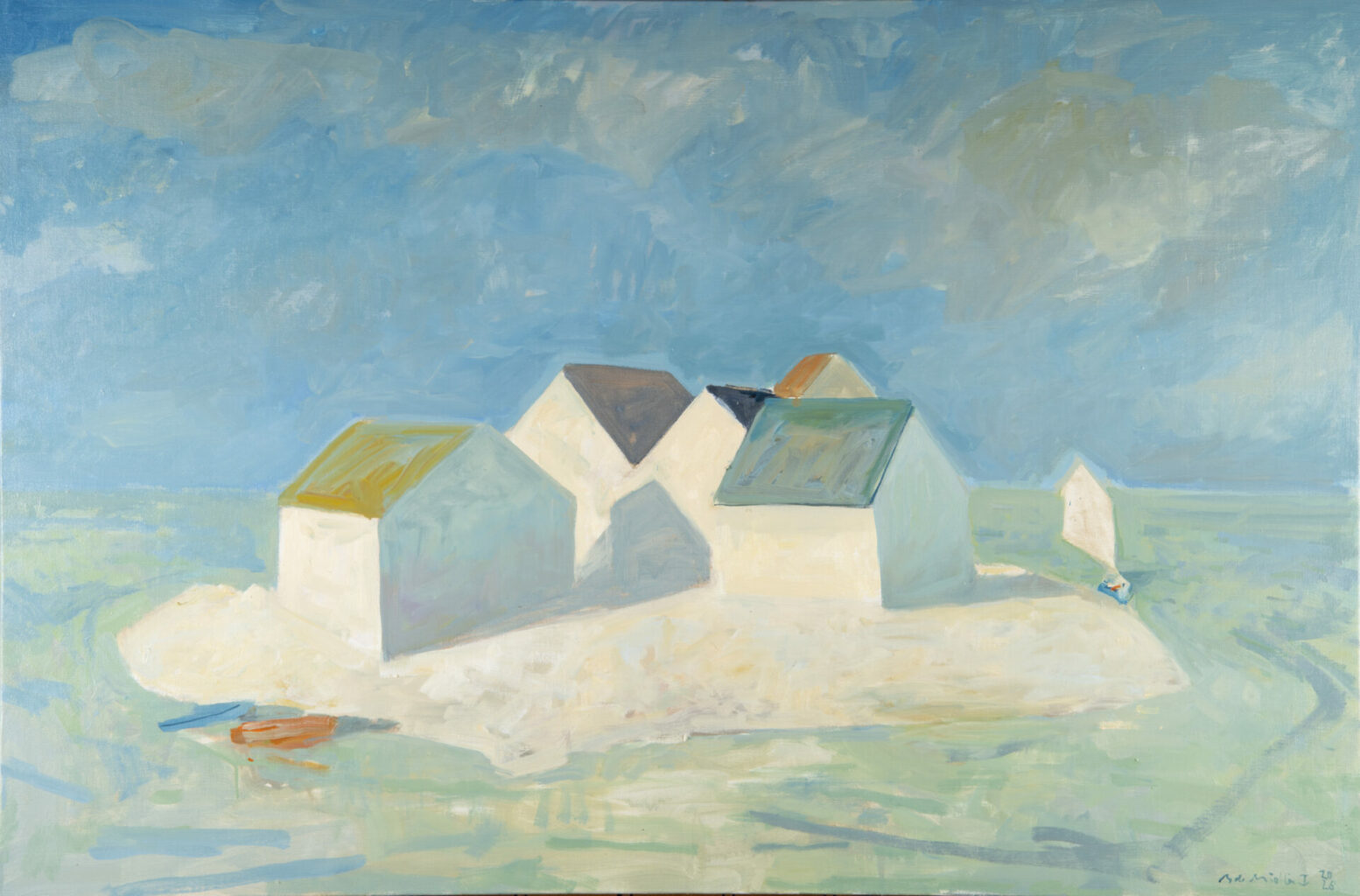 L'Optimiste → Painting by Bertrand de Miollis, white houses on a sunlit beach under a pale blue sky