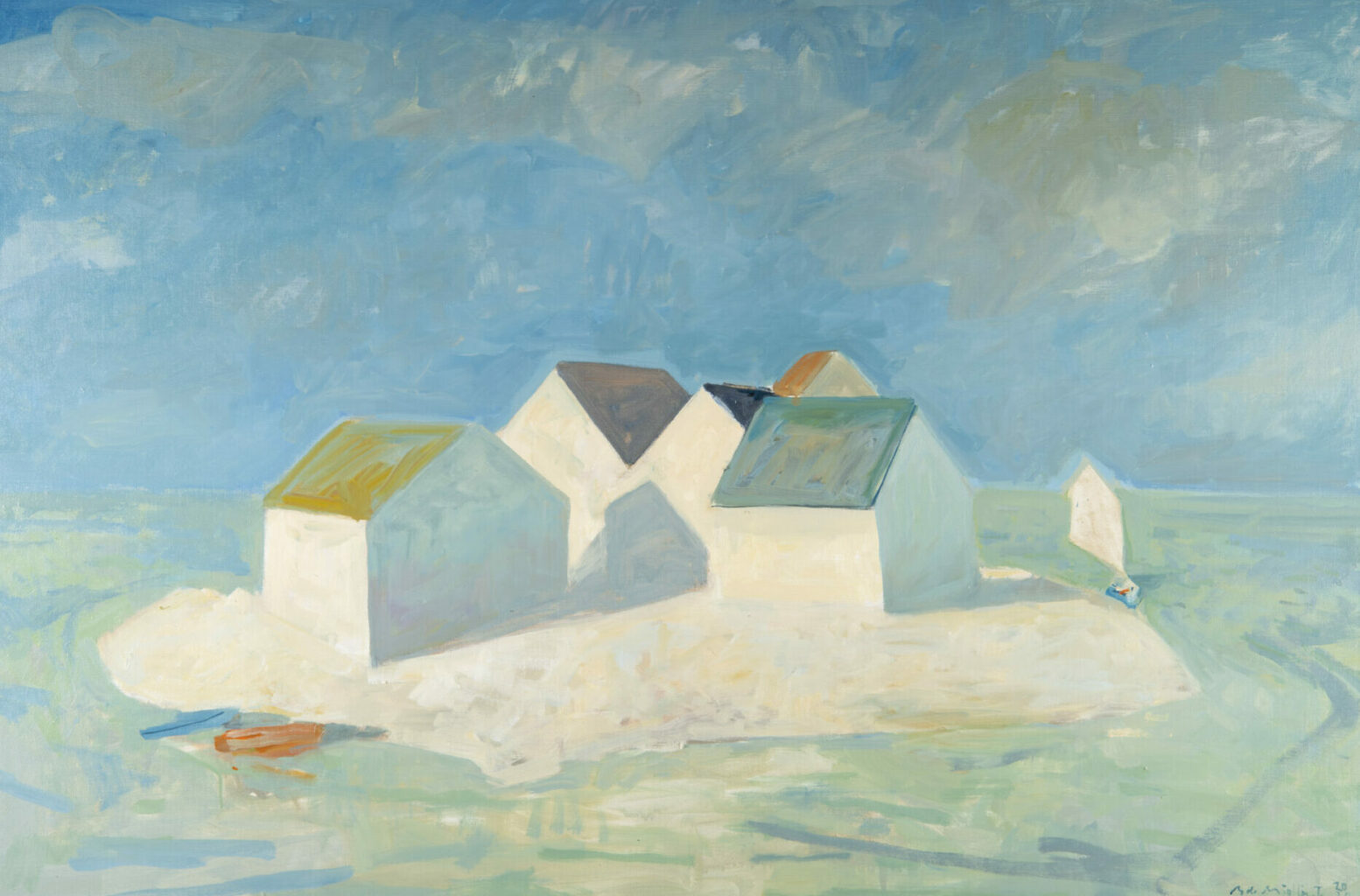 L'Optimiste → Painting by Bertrand de Miollis, white houses on a sunlit beach under a pale blue sky
