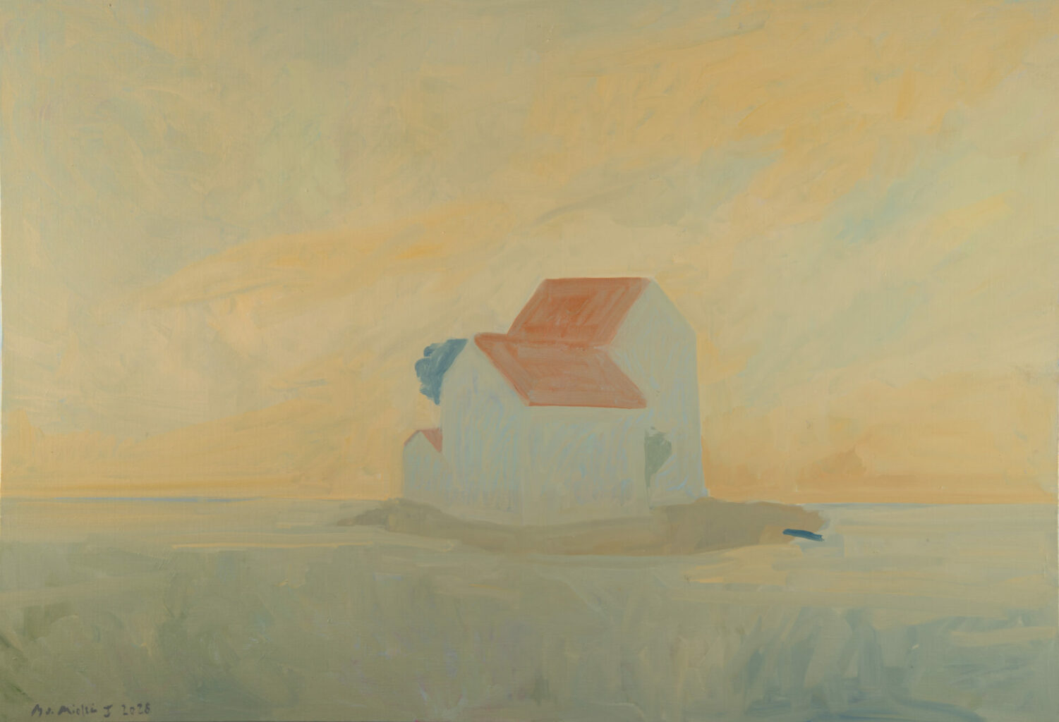 Peinture à l'huile de Bertrand de Miollis représentant une maison blanche au toit rouge sur un rivage, dans une lumière dorée de fin de journée