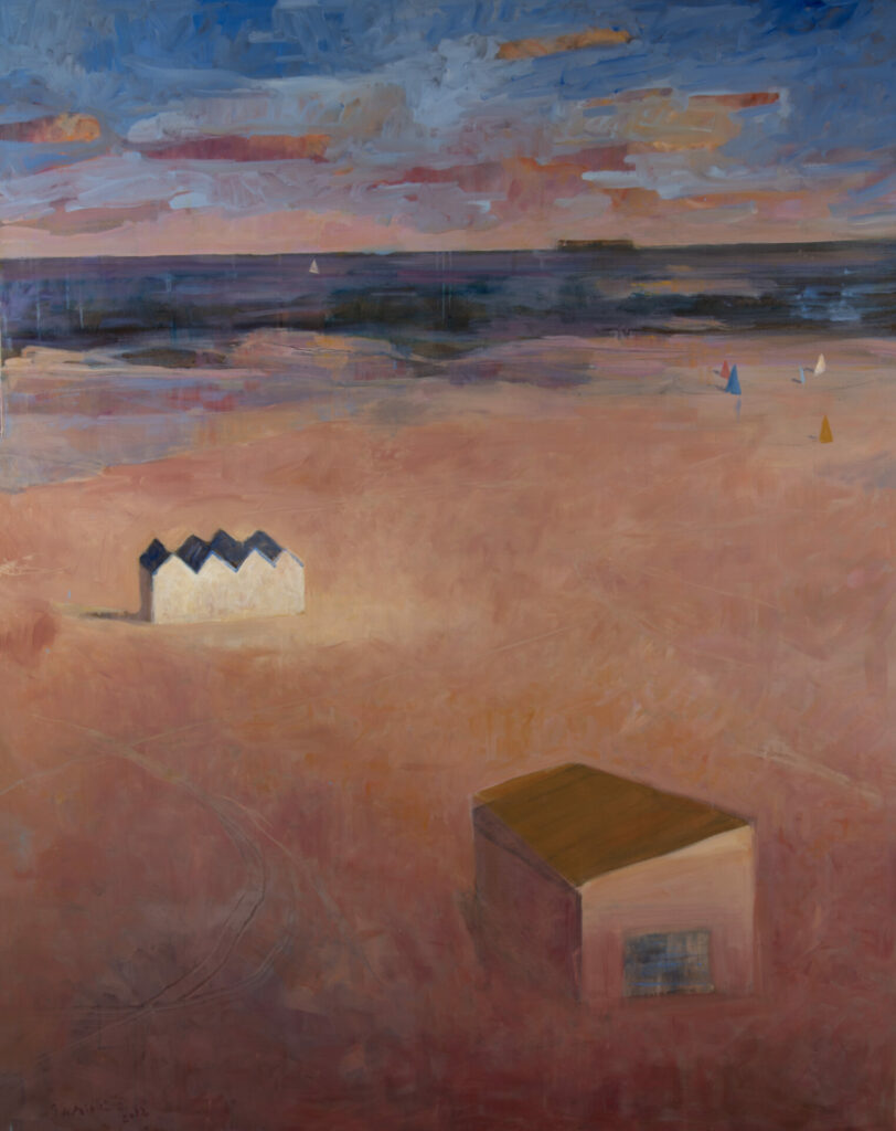Oil painting by Bertrand de Miollis of a rose-toned beach at dusk, with a small white hut, a cubic form, and colorful flags in the distance
